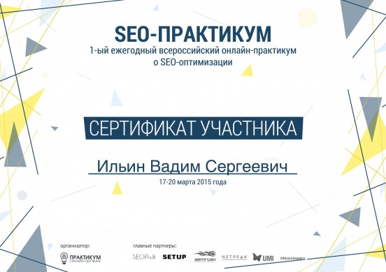 Сертификат участника SEO-практикума