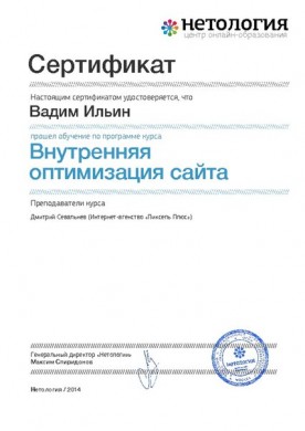 Сертификат Нетологии по внутренней оптимизации